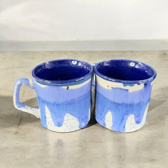 Vintage 1980s Blue Drip Glaze Pottery Coffee Mug Cup Set 2 Hand Made Stoneware - Picture 1 of 16